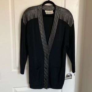 Vintage Eleanor Brenner Wool Cardigan Sweater with Studded Leather Trim